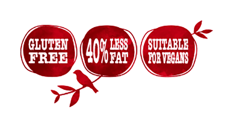 gluten free, 40% less fat, suitable for vegans